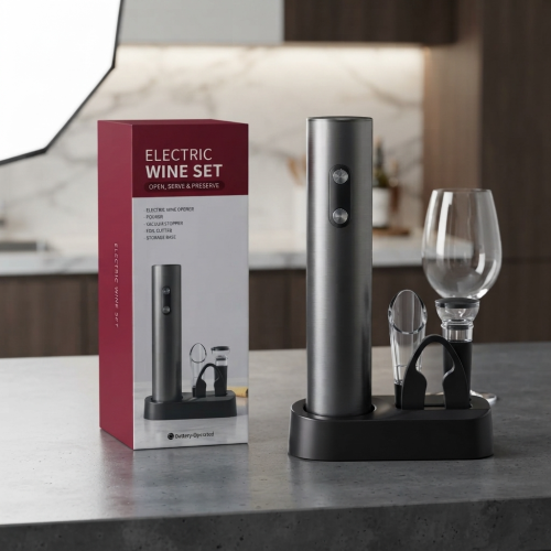 Automatic Electric Wine Opener Set with Foil Cutter, Aerator Pourer, Vacuum Stopper &amp; Storage Base