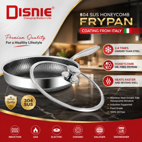 Disnie 24cm–30cm SUS 316 Honeycomb Frypan With Lid